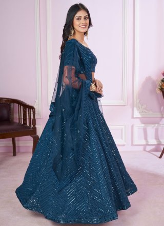 Blue Georgette Embroidered, Sequins and Thread Work Lehenga Choli for Engagement