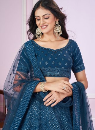 Blue Georgette Embroidered, Sequins and Thread Work Lehenga Choli for Engagement