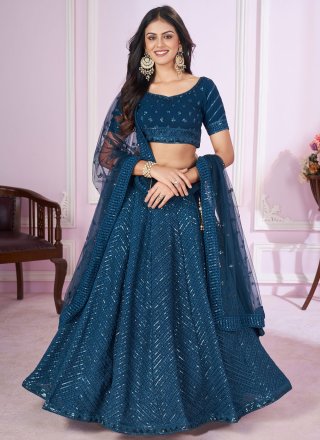 Blue Georgette Embroidered, Sequins and Thread Work Lehenga Choli for Engagement