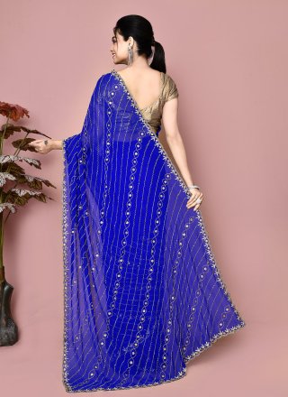 Blue Georgette Hand Work Contemporary Saree for Ceremonial