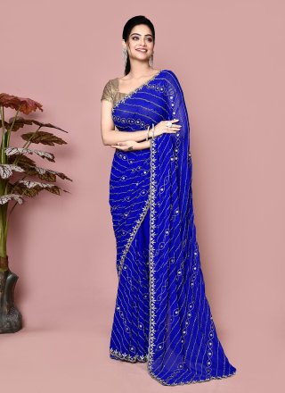 Blue Georgette Hand Work Contemporary Saree for Ceremonial