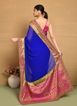 Blue Georgette Hand Work Contemporary Sari for Ceremonial
