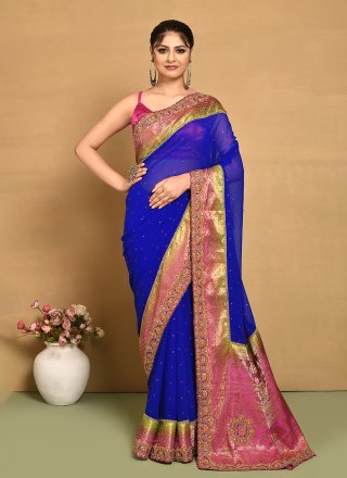 Blue Georgette Hand Work Contemporary Sari for Ceremonial