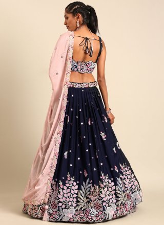 Blue Georgette Lehenga Choli with Cord, Embroidered, Sequins and Thread Work