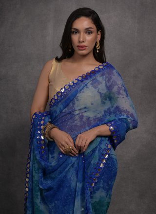 Blue Georgette Mirror and Print Work Trendy Saree for Casual