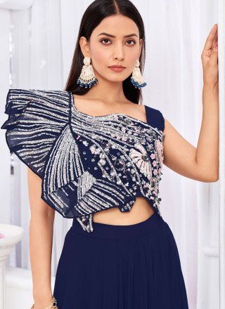 Blue Georgette Plain Work Readymade Lehenga Choli for Ceremonial