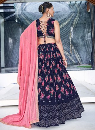Blue Georgette Readymade Lehenga Choli with Digital Print and Embroidered Work for Festival