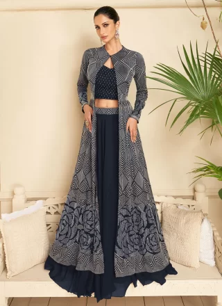 Blue Georgette Readymade Lehenga Choli with Embroidered Work for Ceremonial