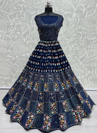 Blue Georgette Sequins and Thread Work A - Line Lehenga Choli