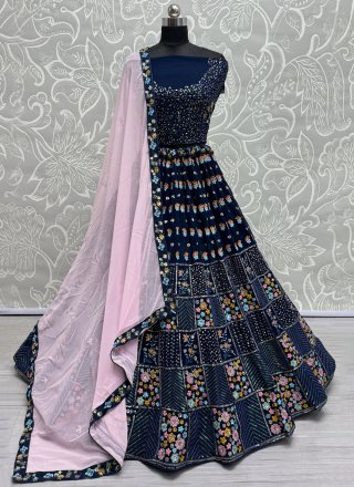Blue Georgette Sequins and Thread Work A - Line Lehenga Choli