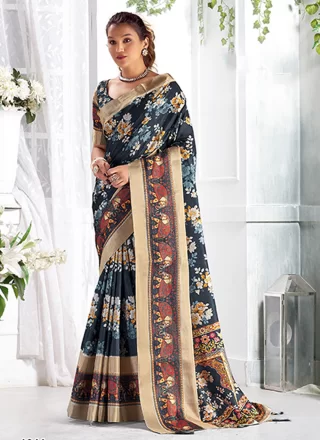 Blue Giccha Silk Digital Print Work Classic Sari