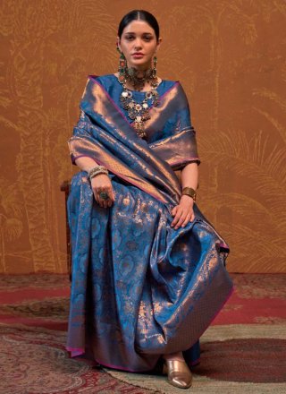 Blue Handloom Silk Traditional Saree with Weaving Work