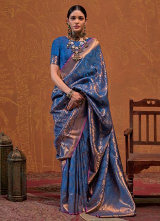 Blue Handloom Silk Traditional Saree with Weaving Work