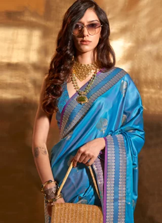 Blue Handloom Silk Weaving Work Trendy Saree for Women