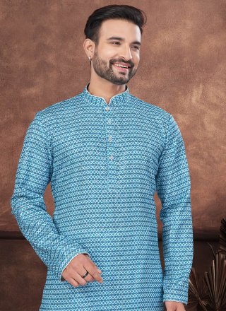 Blue Jacquard Digital Print and Embroidered Work Kurta Pyjama for Ceremonial