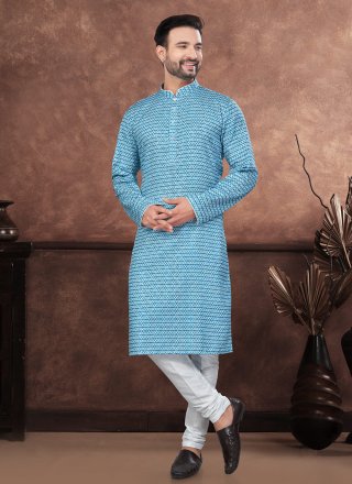 Blue Jacquard Digital Print and Embroidered Work Kurta Pyjama for Ceremonial