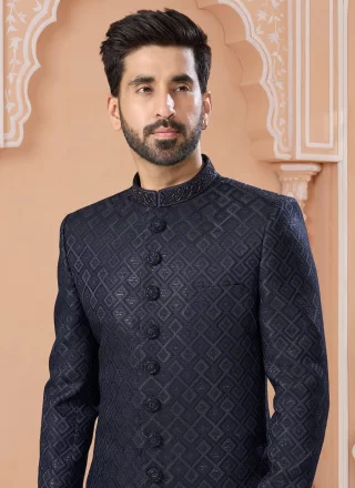 Blue Jacquard Embroidered, Hand and Sequins Work Indo Western Sherwani for Engagement