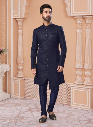 Blue Jacquard Indo Western Sherwani