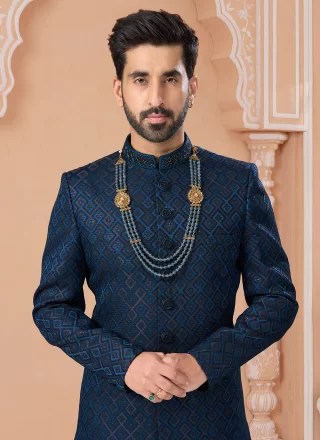 Blue Jacquard Indo Western Sherwani with Embroidered, Hand and Sequins Work for Men