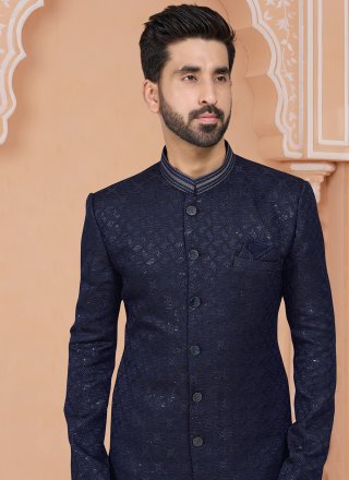 Blue Jacquard Indo Western Sherwani with Embroidered, Sequins and Thread Work for Men
