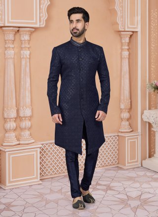 Blue Jacquard Indo Western Sherwani with Embroidered, Sequins and Thread Work for Men