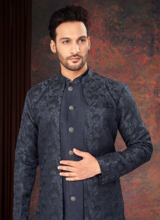 Blue Jacquard Indo Western with Fancy and Jacquard Work for Men
