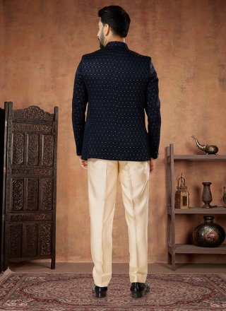 Blue Jacquard Jodhpuri Suit with Fancy and Thread Work for Men
