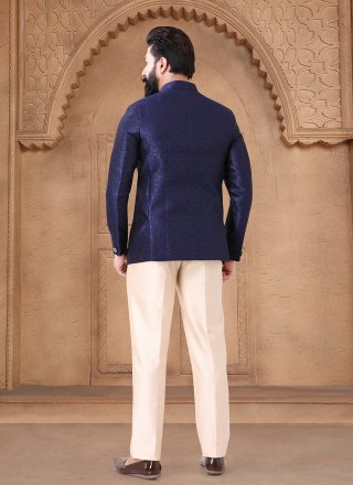 Blue Jacquard Jodhpuri Suit with Print Work for Men