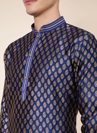 Blue Jacquard Kurta Pyjama with Pintex Work for Men