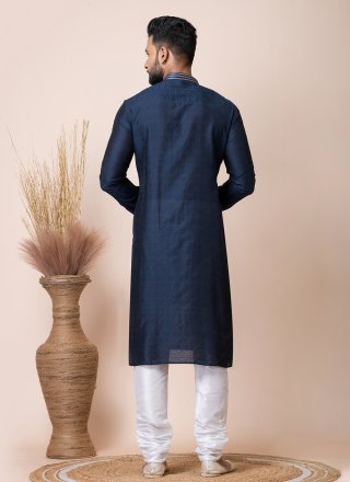 Blue Jacquard Kurta Pyjama with Print Work for Men