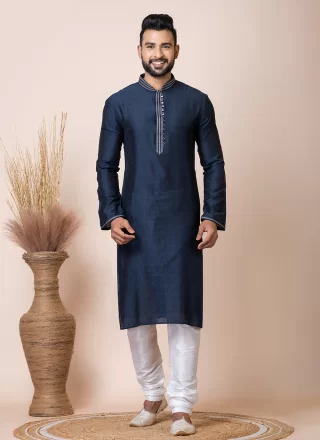 Blue Jacquard Kurta Pyjama with Print Work for Men