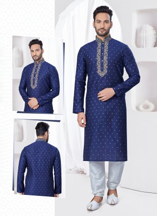 Blue Jacquard Machine Embroidery Work Kurta Pyjama