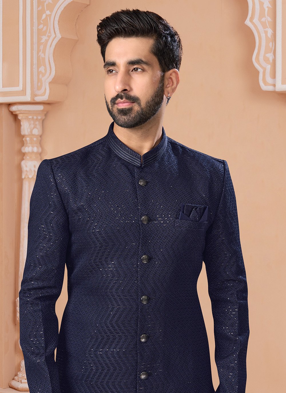 Blue Jacquard Sequins and Thread Work Indo Western Sherwani Buy Online