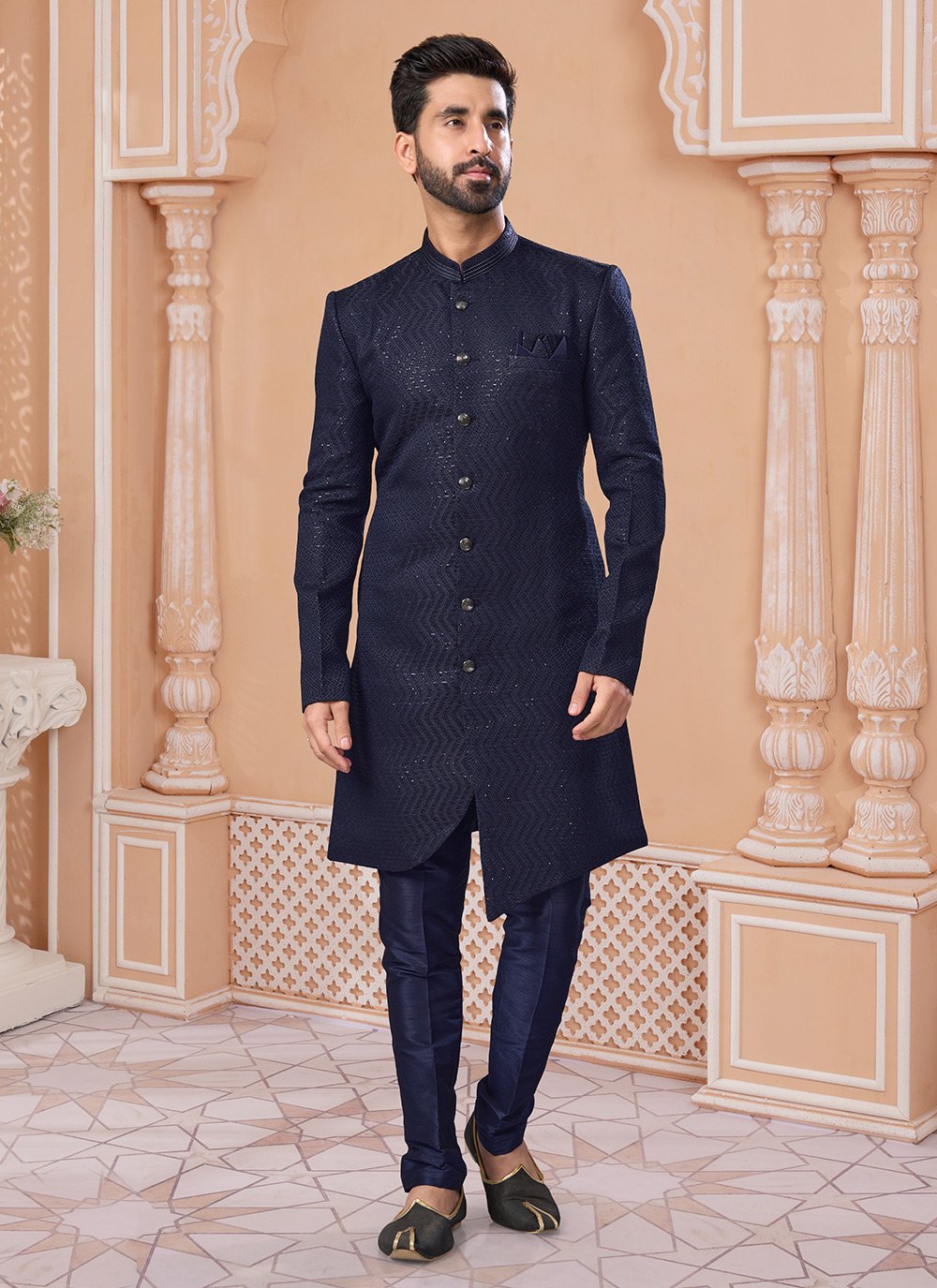 Blue Jacquard Sequins and Thread Work Indo Western Sherwani Buy Online