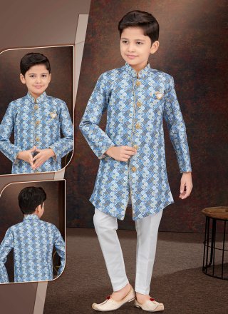 Blue Jacquard Sherwani Kids Wear with Digital Print and Machine Embroidery Work