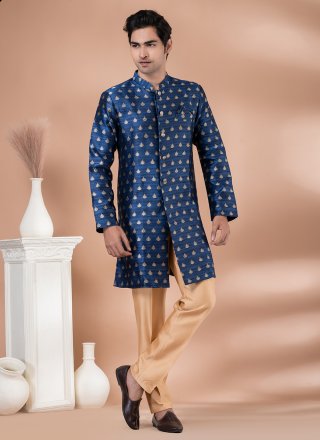 Blue Jacquard Silk Embroidered and Jacquard Work Indo Western for Engagement
