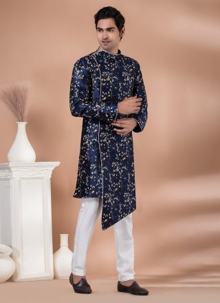 Blue Jacquard Silk Indo Western with Embroidered and Jacquard Work for Engagement