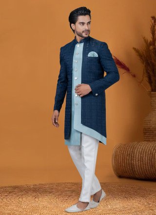 Blue Jacquard Silk Indo Western with Jacquard Work