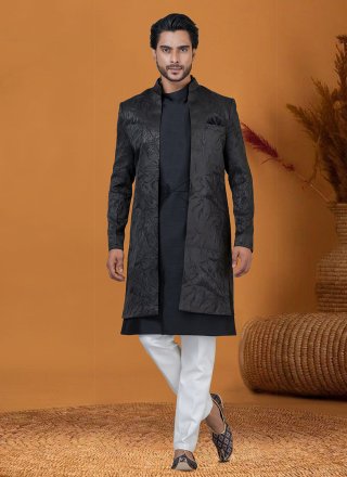 Blue Jacquard Silk Indo Western with Jacquard Work for Men