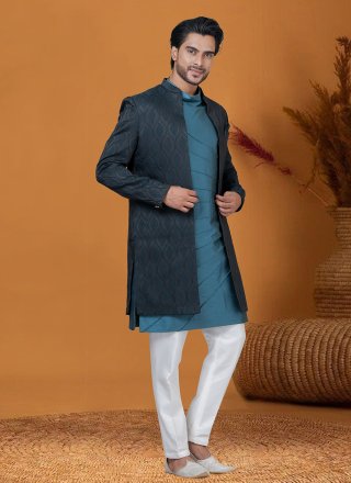 Blue Jacquard Silk Jacquard Work Indo Western for Ceremonial