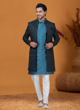 Blue Jacquard Silk Jacquard Work Indo Western for Ceremonial