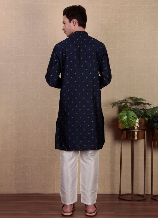 Blue Jacquard Silk Kurta Pyjama with Embroidered and Woven Work for Casual
