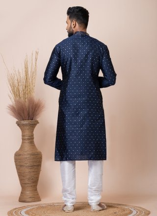 Blue Jacquard Silk Kurta Pyjama with Print Work for Men