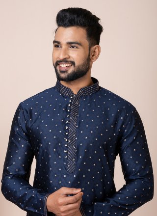 Blue Jacquard Silk Kurta Pyjama with Print Work for Men