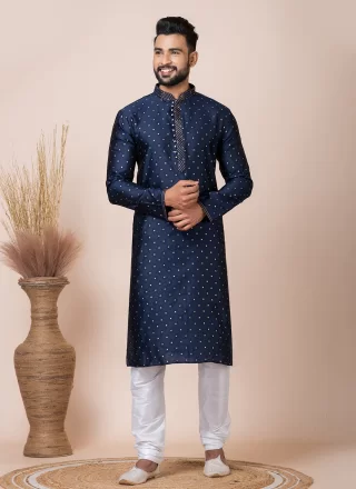 Blue Jacquard Silk Kurta Pyjama with Print Work for Men