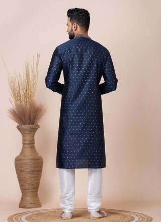 Blue Jacquard Silk Print Work Kurta Pyjama