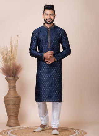Blue Jacquard Silk Print Work Kurta Pyjama