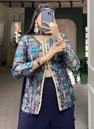 Blue Jacquard Silk Weaving Work Trendy Suit