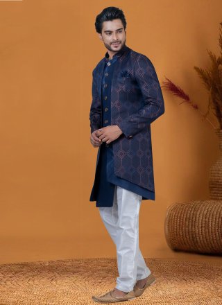 Blue Jacquard Work Jacquard Silk Indo Western