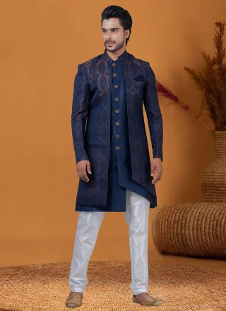 Blue Jacquard Work Jacquard Silk Indo Western